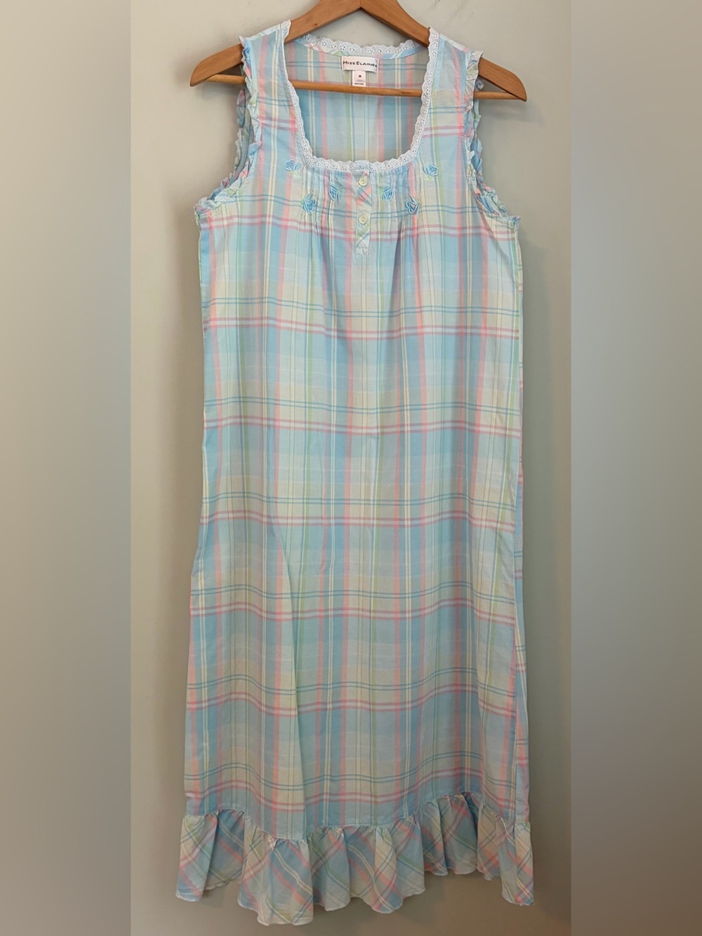 Miss Elaine Pastel Plaid Sleeveless Nightgown in Blue, Pink, Yellow